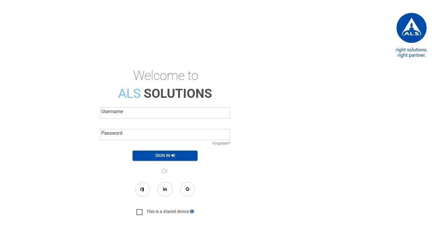 ALS Solutions login window