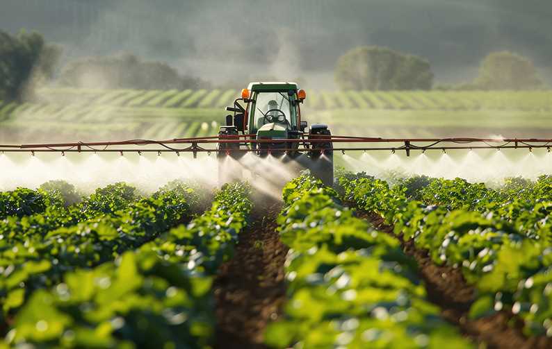 Tractor spraying crops in a green agricultural field at sunset, with golden light illuminating the plants and a partly clear sky.