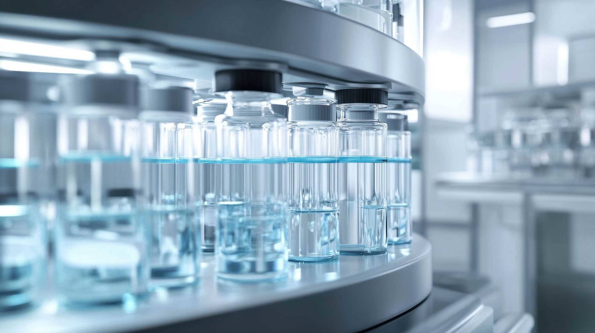 A medium closeup of the reservoir sections containing various solvents clearly labeled and arranged in a sterile environment