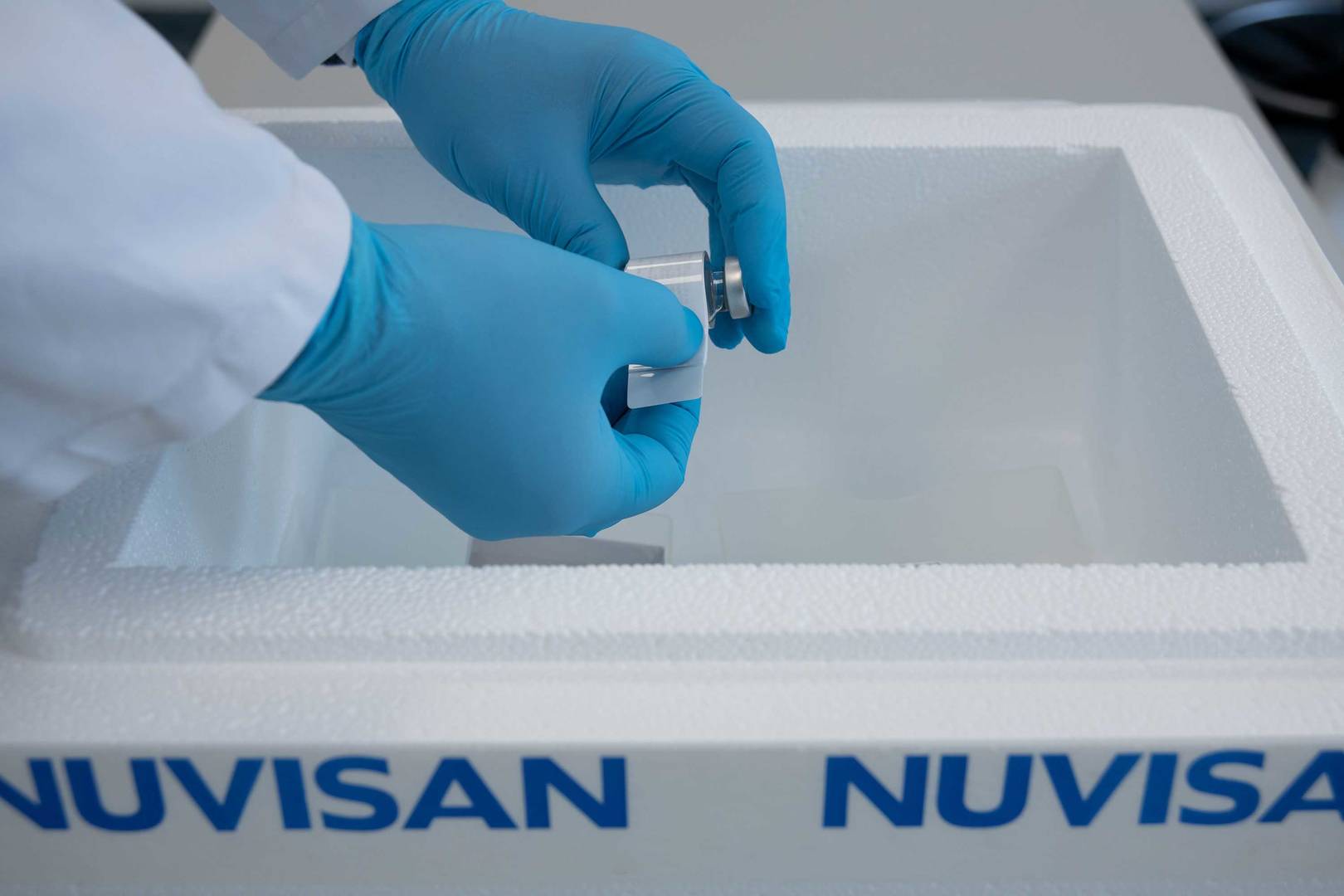 Labelling a vial into an insulated box before proceeding to shipment