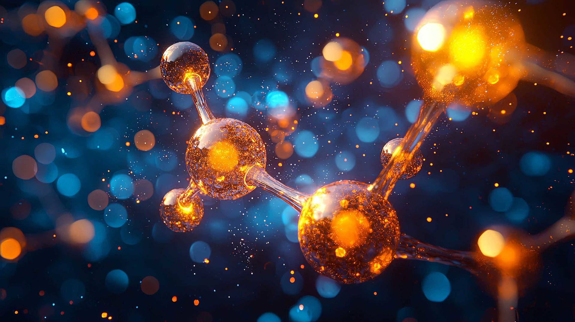 The image presents an abstract depiction of molecules with vivid bokeh effects