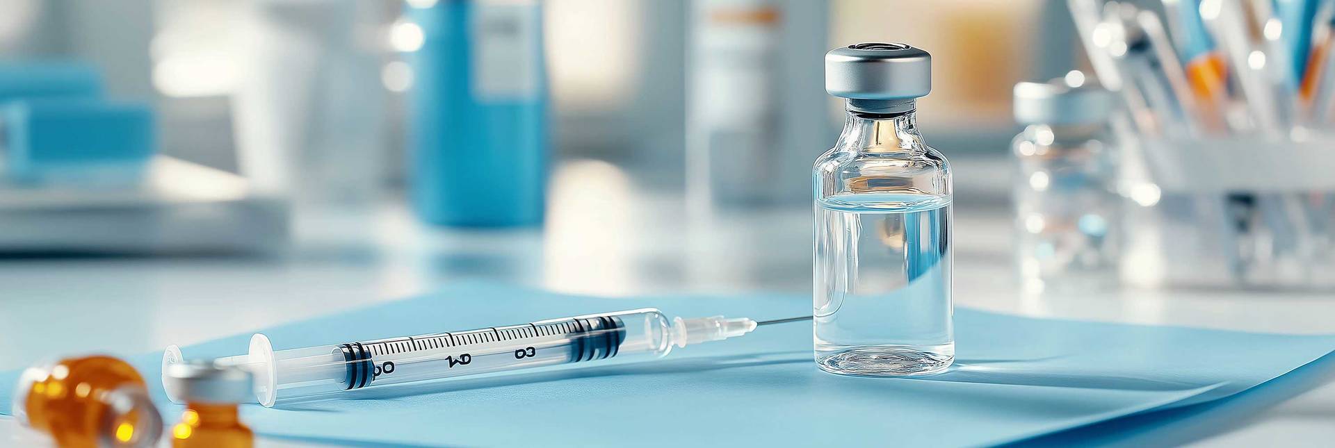 Syringe and vial resting on blue paper in medical setting