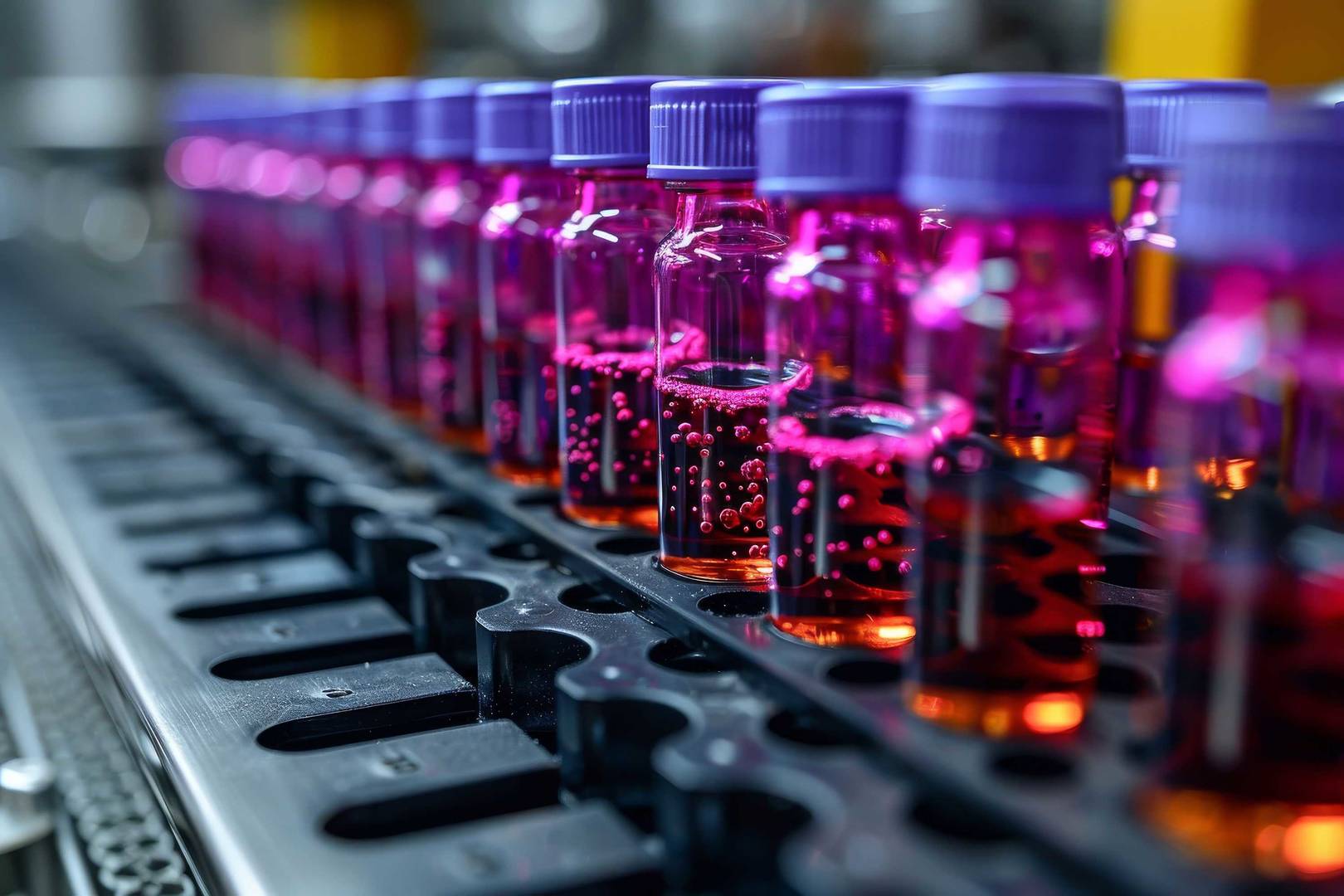 Colorful laboratory vials lined up in a row
