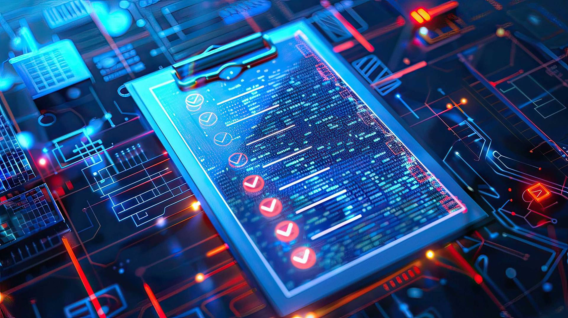 Cybersecurity audit checklist displayed on digital circuitry background