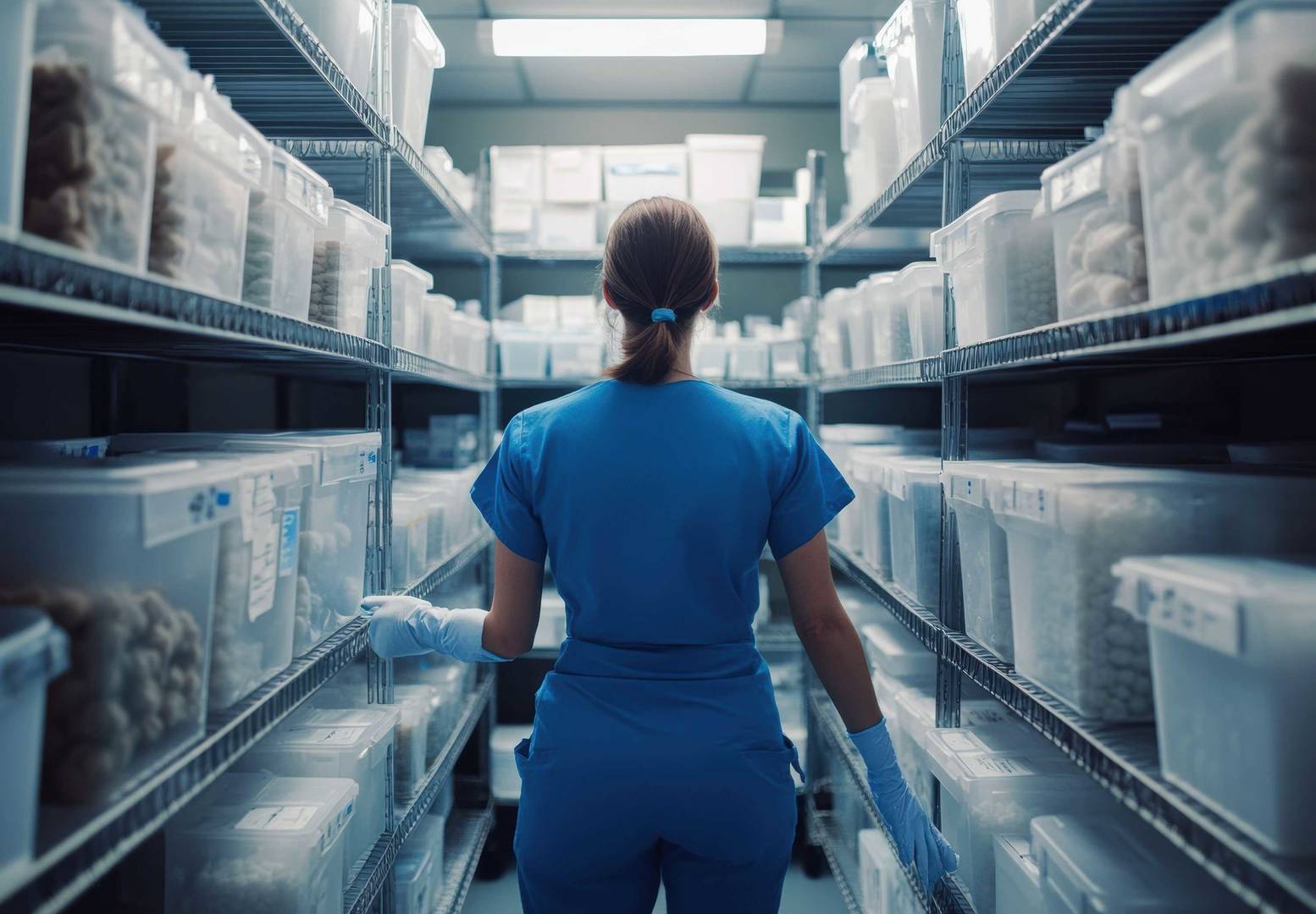 Medical storage room with a woman in the middle