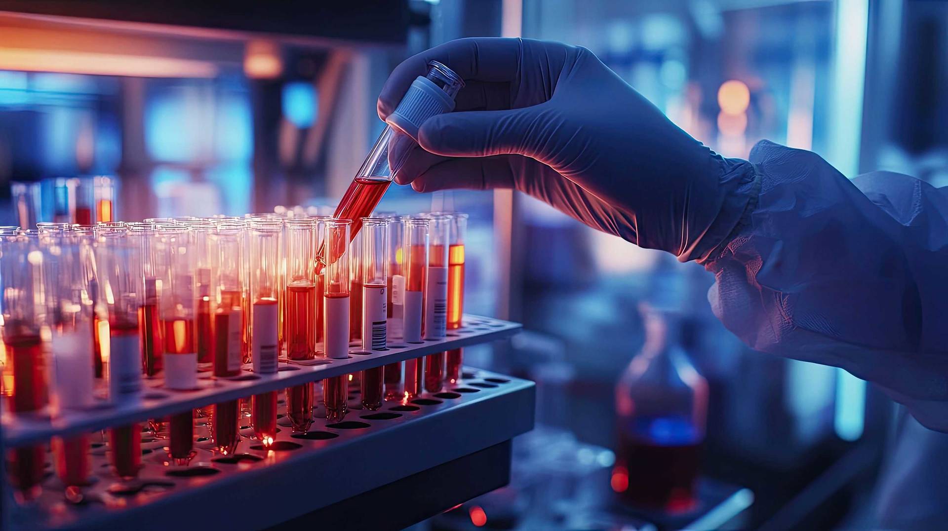 Close-up of a gloved hand placing a test tube into a rack filled with glowing red liquid in a laboratory setting