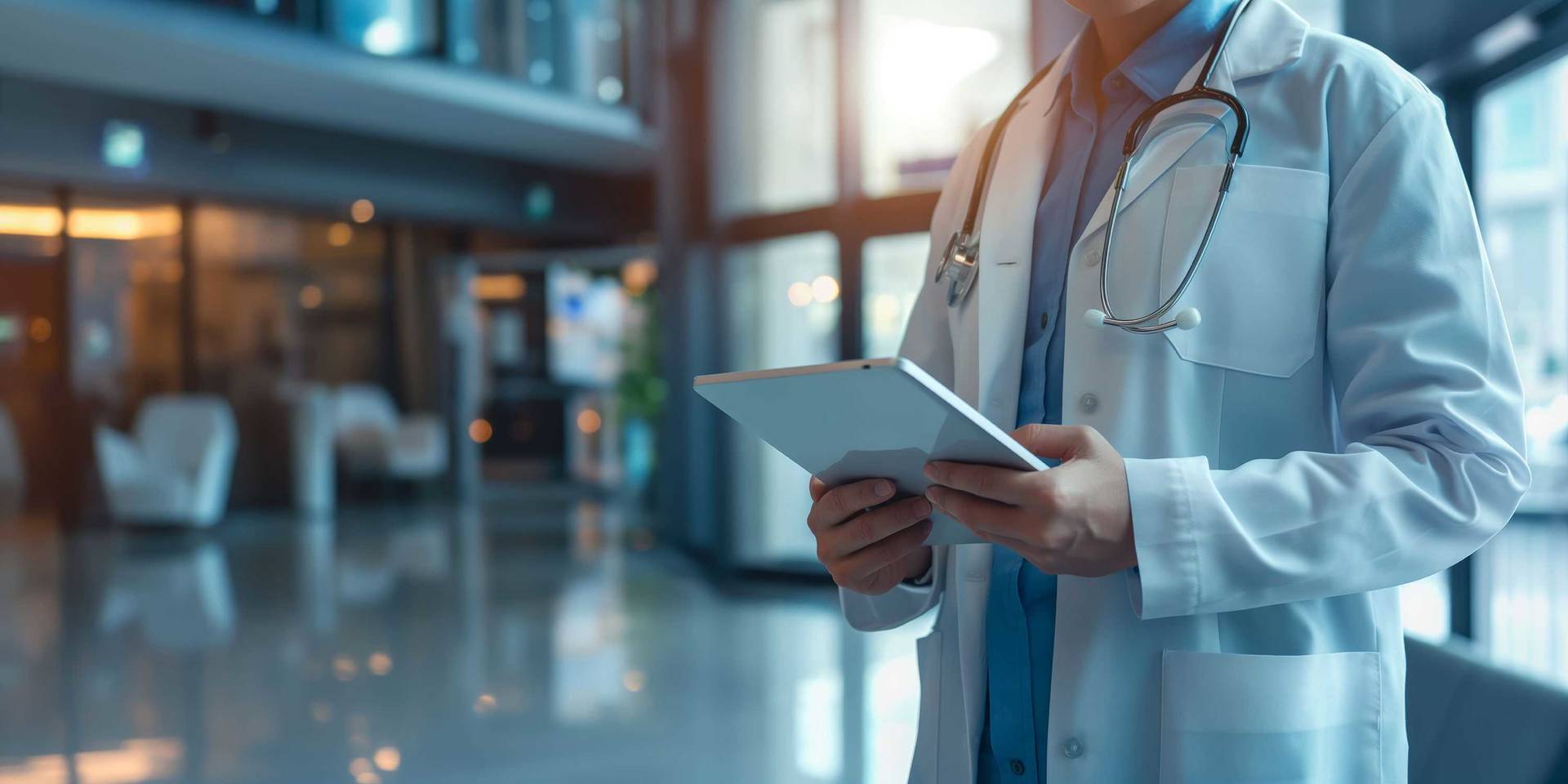 Doctor in a modern hospital lobby using a digital tablet