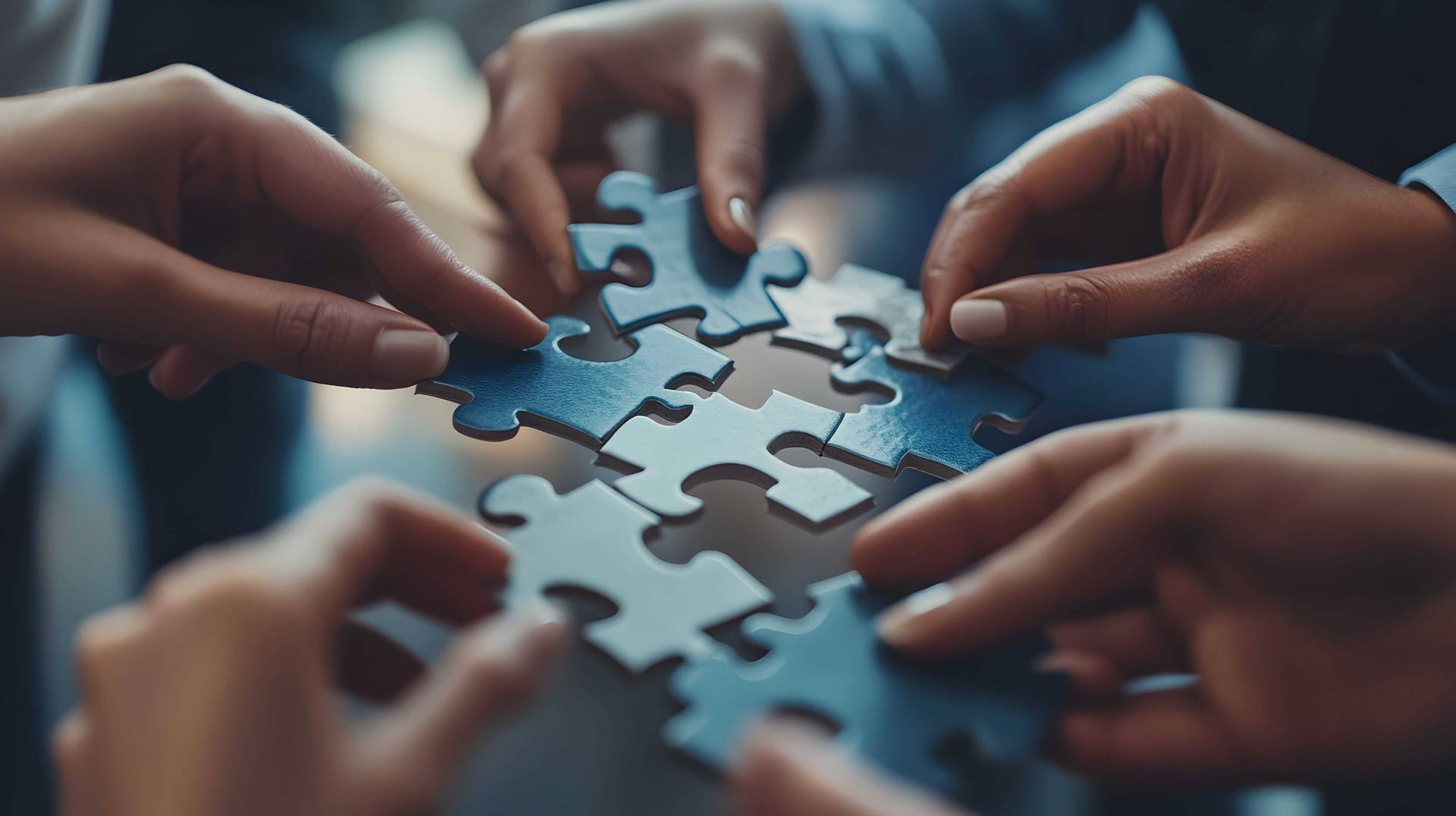 Hands collaborating to assemble blue puzzle pieces, symbolizing teamwork and problem-solving