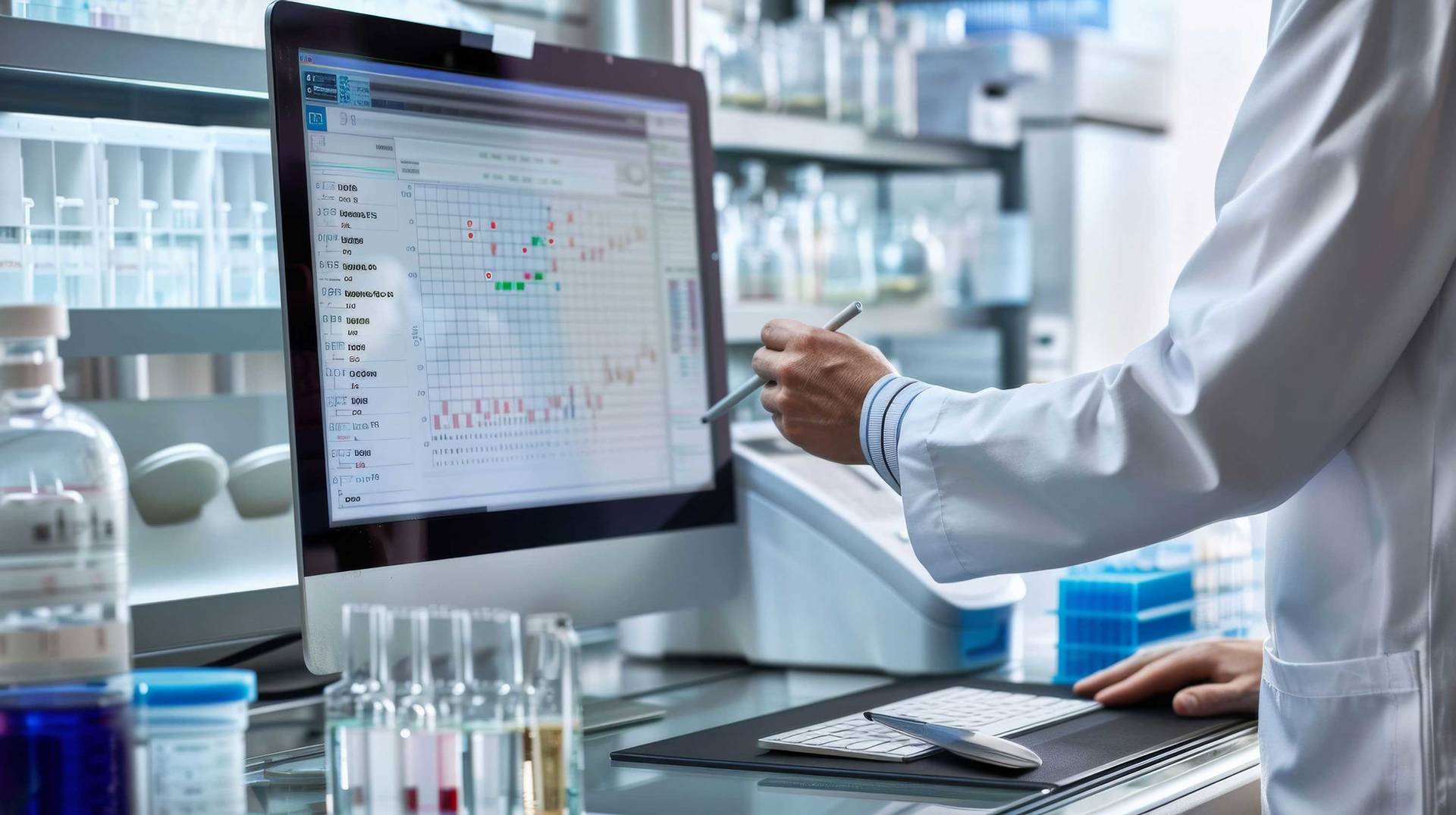 A scientist in a lab coat analyses data on a computer in a bright, advanced laboratory filled with scientific equipment.