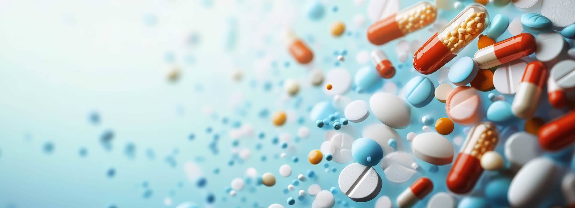 Colorful pills capsules on blue background