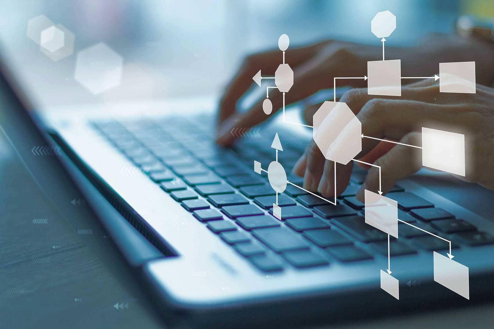 Business process and workflow automation with flowchart, businessman in background