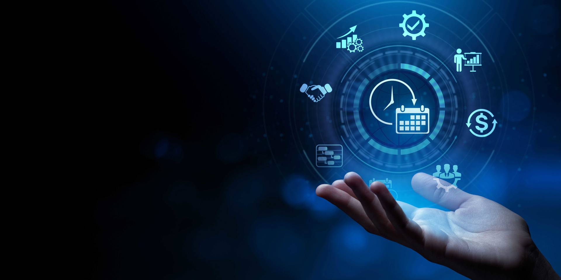 Image showcasing project management and business technology concepts with various icons