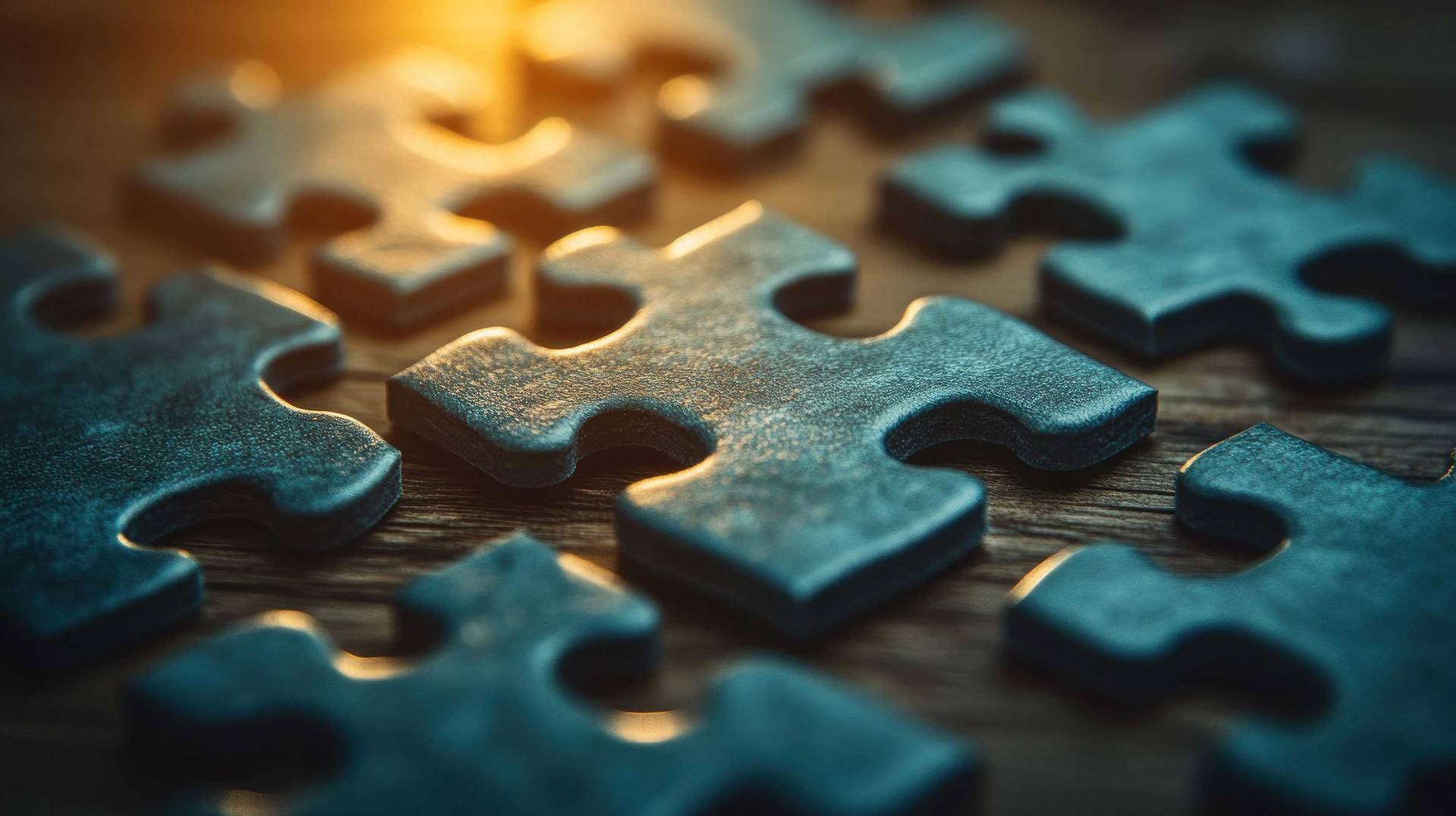 Close-up of blue puzzle pieces on a wooden surface. 
