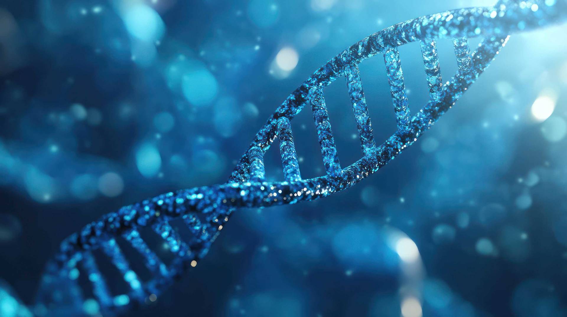 Close-up view of a blue DNA double helix structure shimmering against a blurred background, symbolizing genetics and biological research