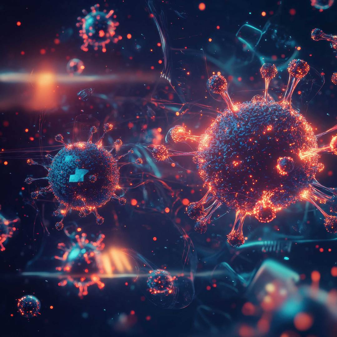 Visualisation of antibodies engaging pathogens in a microscopic environment showcasing immune response dynamics