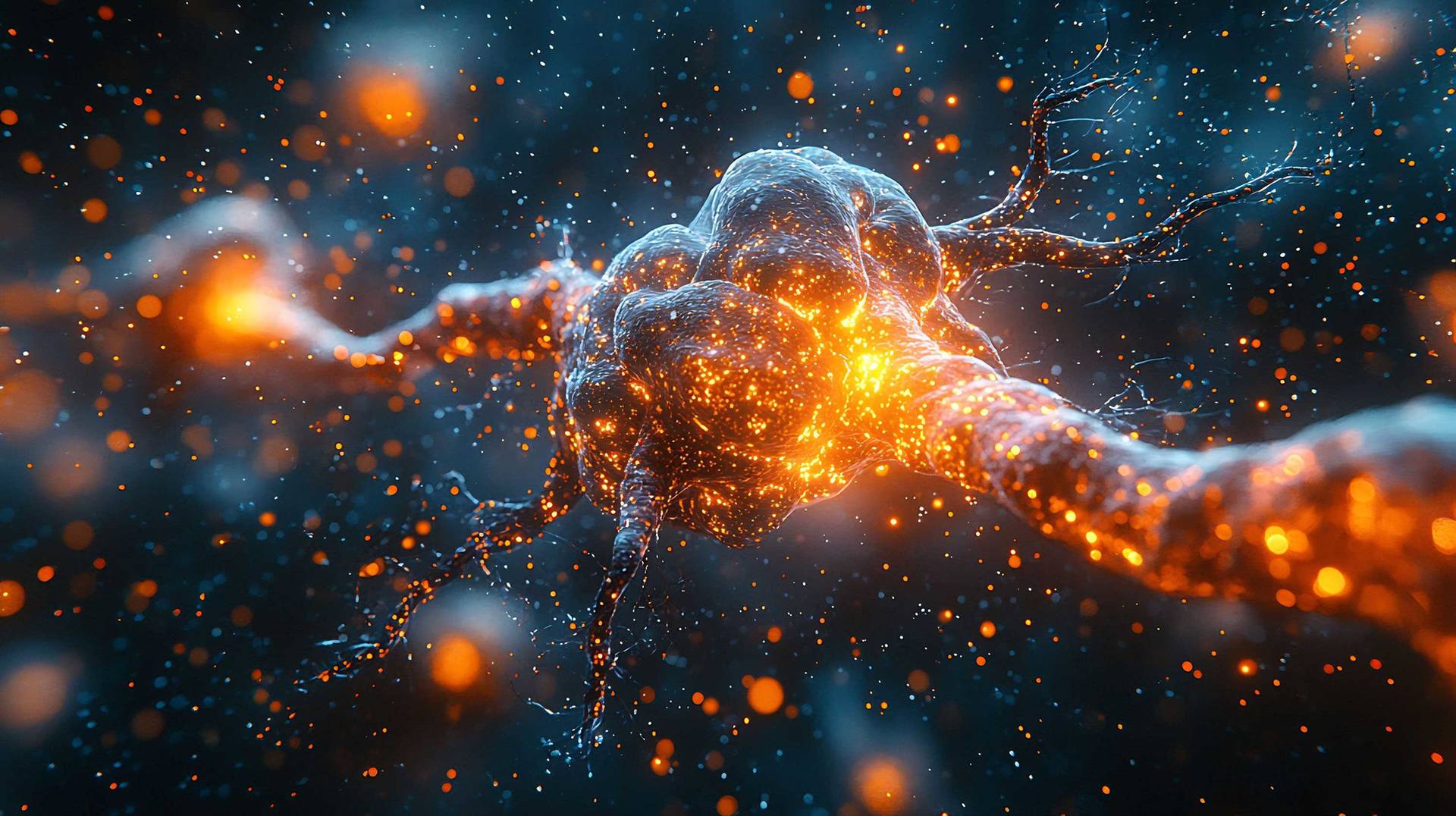 Photorealistic image of a neuron with electrical signals passing through it highlighting the intricate workings of the human brain in neuroscience