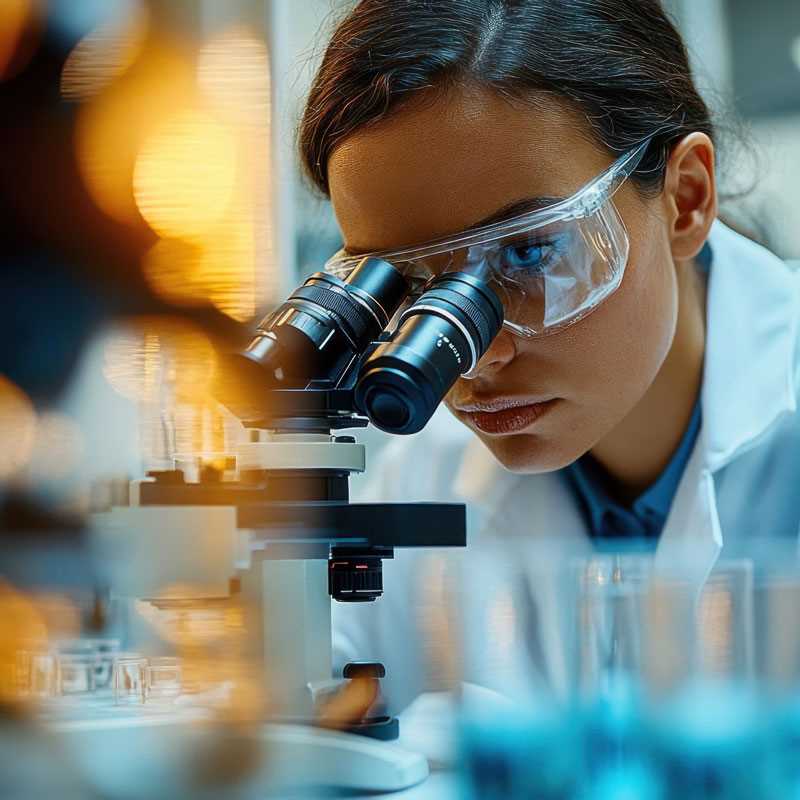 Female scientist working in laboratory using microscope for research and analysis in pharmacology