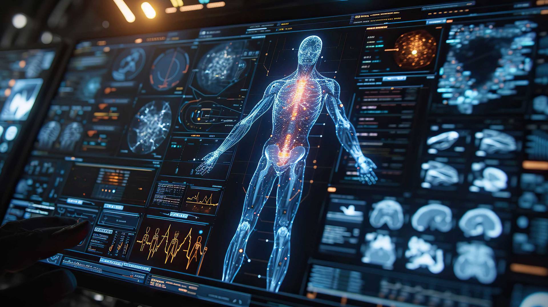 An intricate diagnostic interface displaying a full-body 3D scan and various health metrics