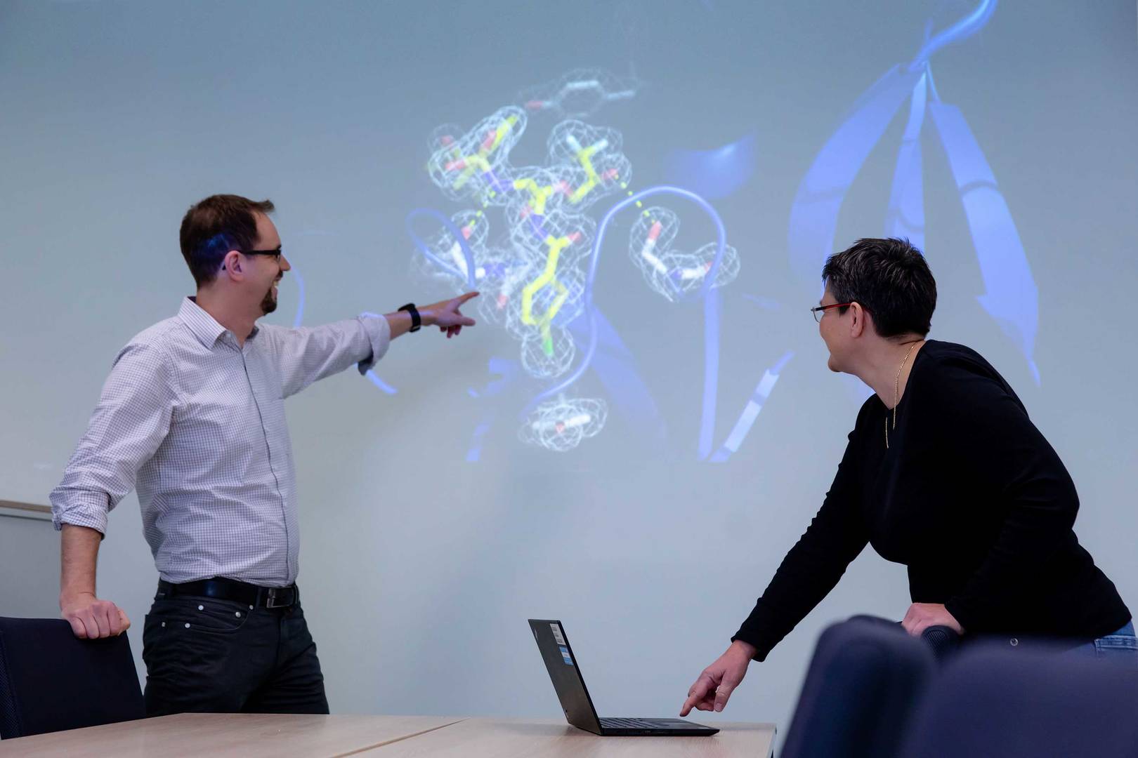 A projected molecular model in an office meeting room