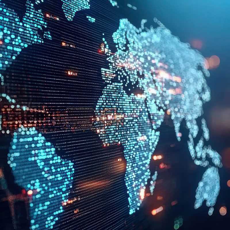 Digital world map with data visualization elements in a futuristic design