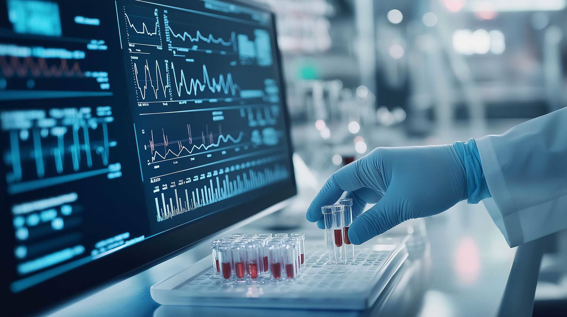 A digital screen with graphs and DNA sequences hovers in the background as a gloved hand arranges vials, showcasing advanced diagnostic tools in precision medicine