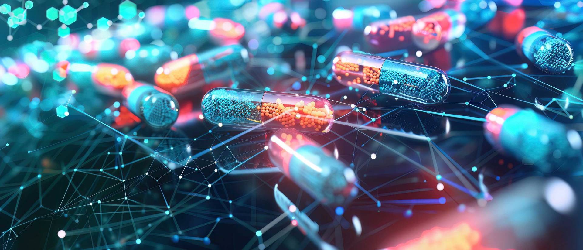 Translucent pills containing blue and orange substances, showcasing a blend of colors within their clear capsules. 