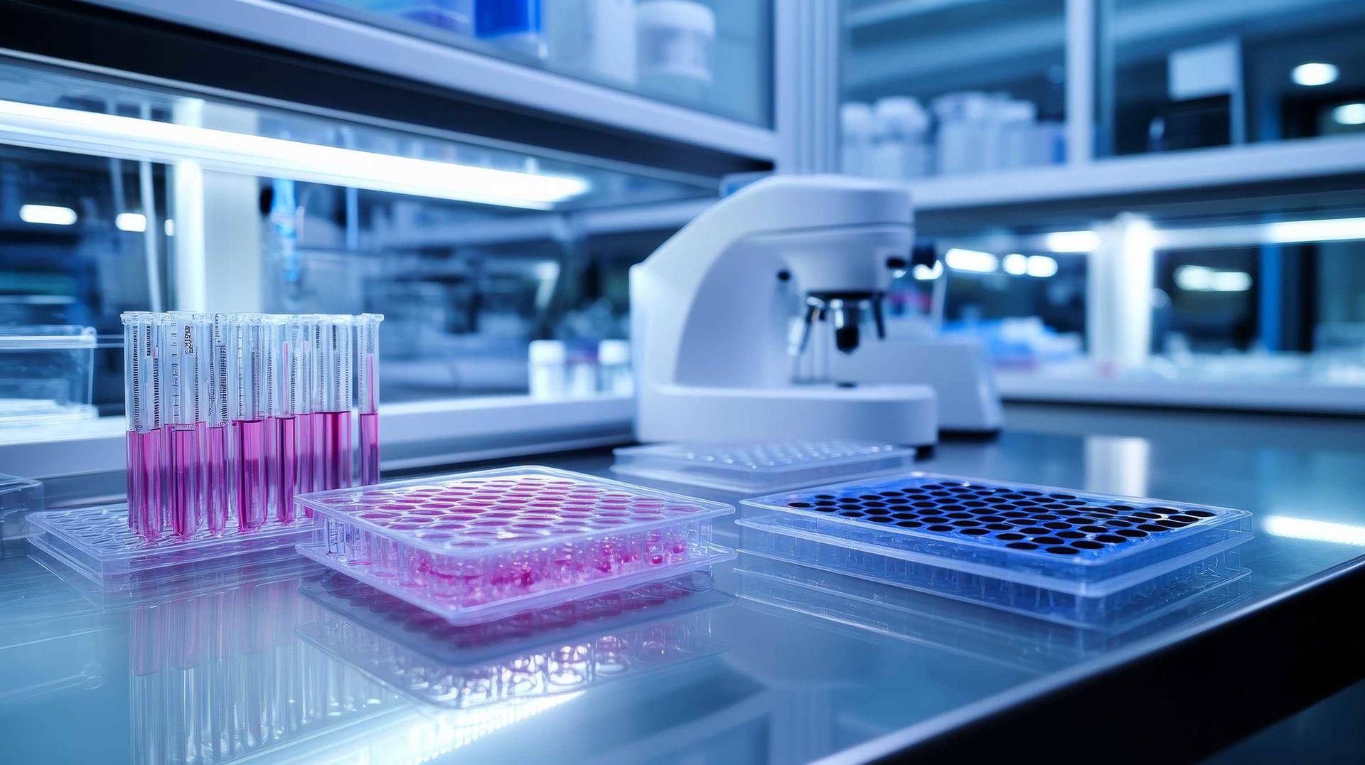 A 24-well plate containing red liquid, with vials and a microscope visible in the background.