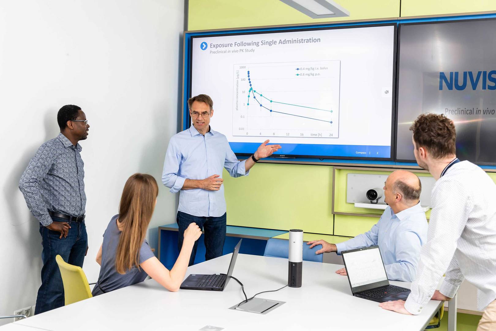 Scientists discussing a graph in a meeting room
