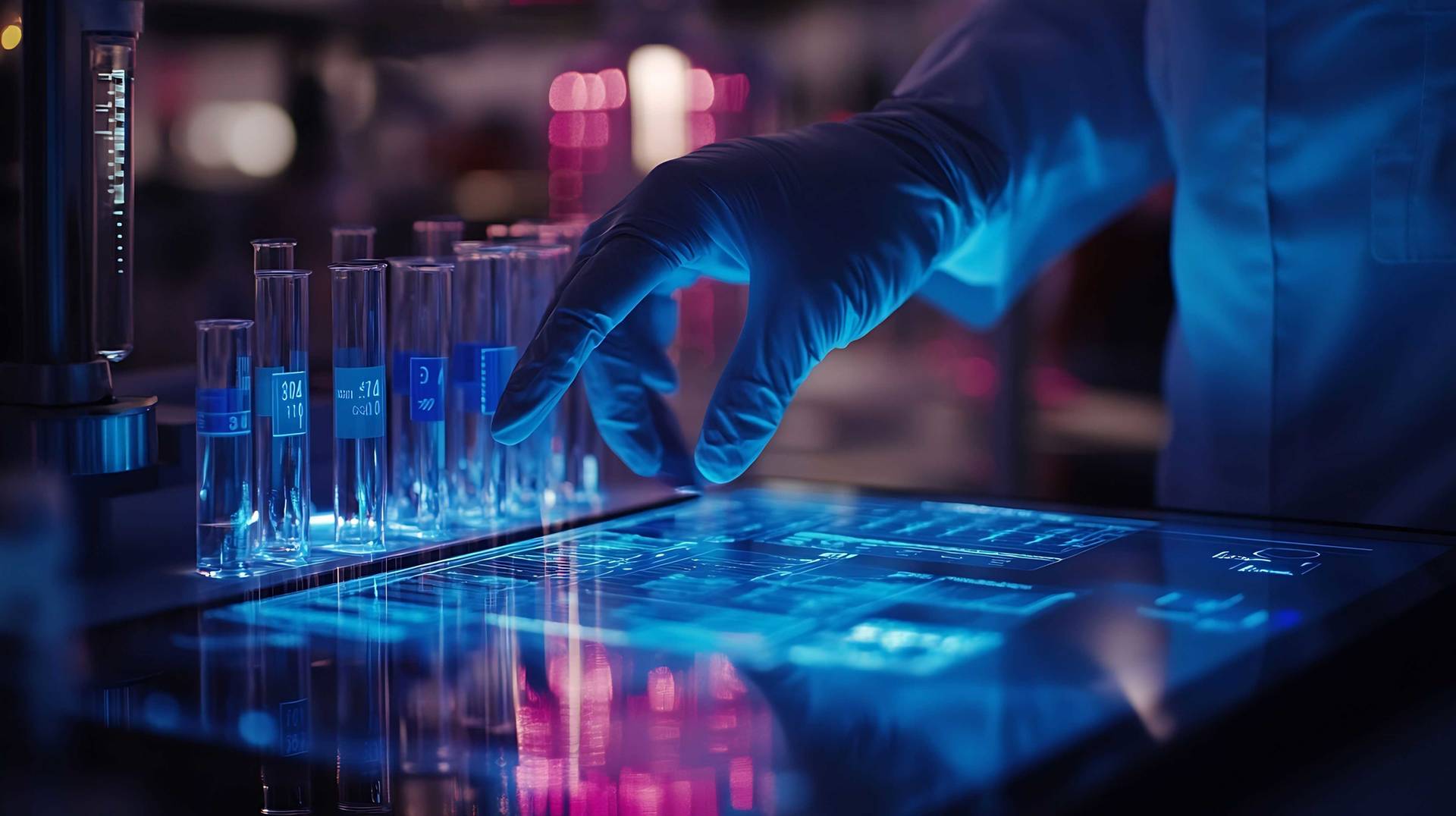 Microscopy slides and lab vials illuminated under a UV light, showcasing intricate details and vibrant colors.