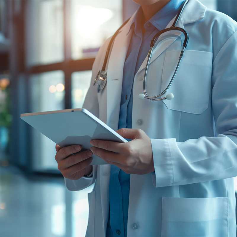 Doctor in a modern hospital lobby using a digital tablet