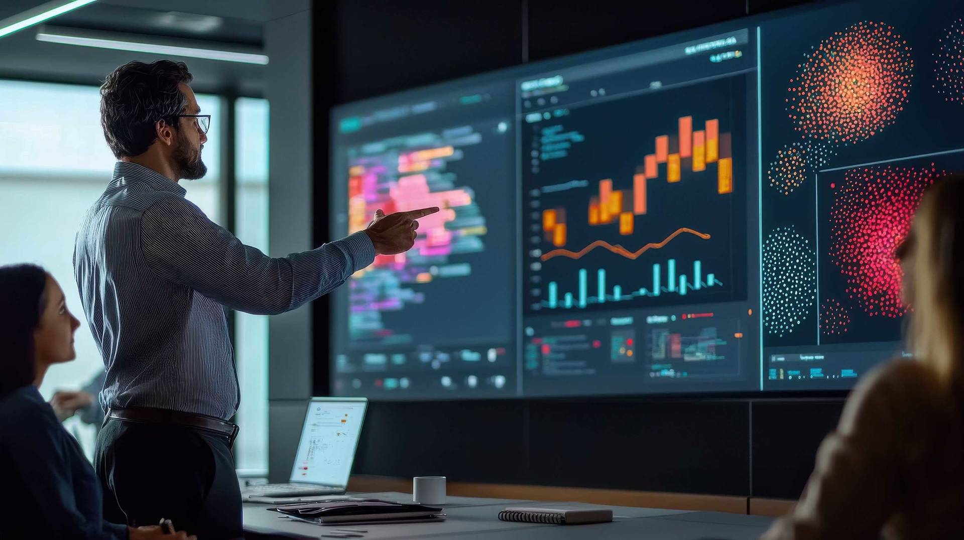 A data scientist presenting findings on a large screen