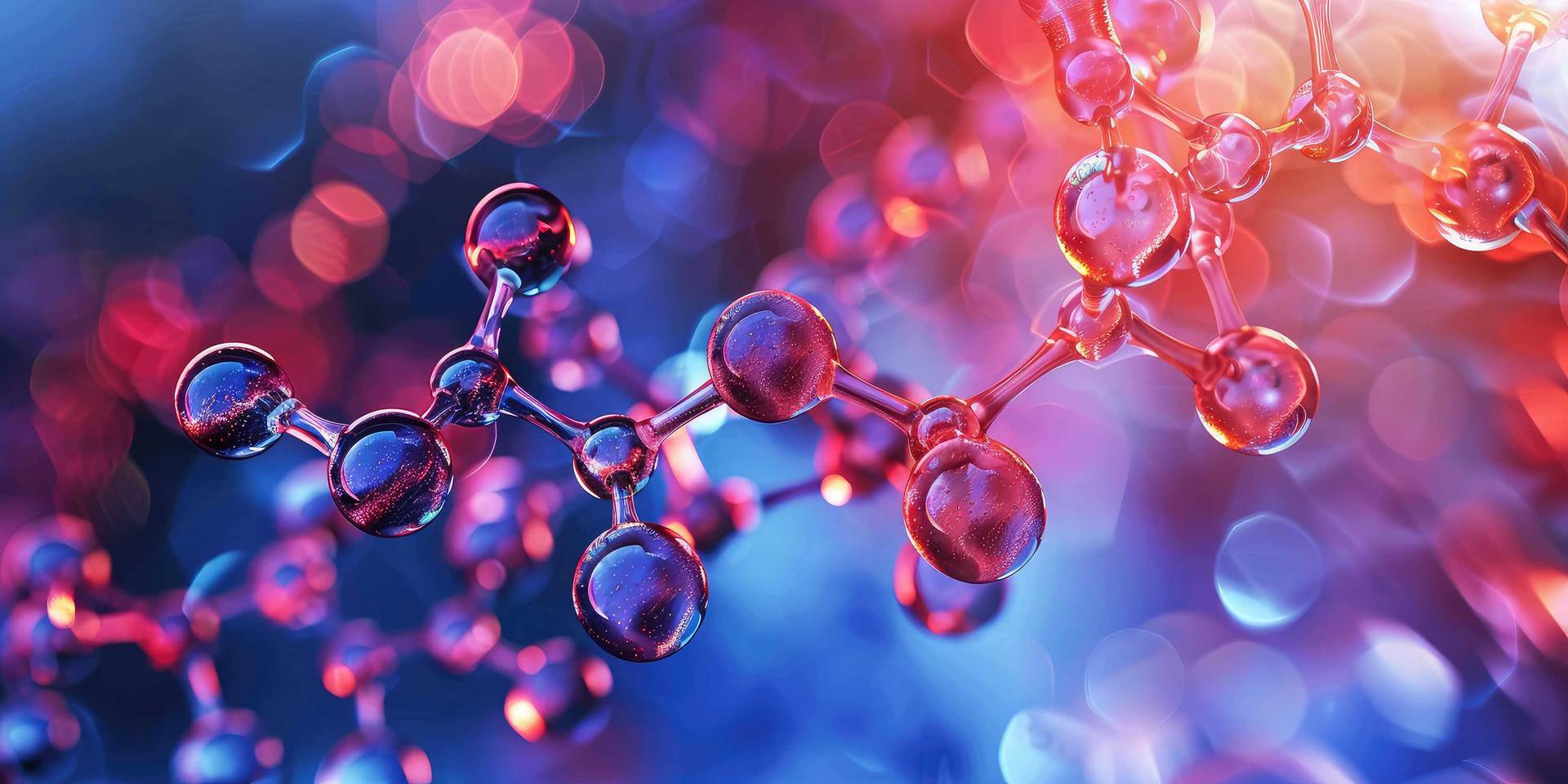 3D illustration of colorful molecules representing amino acids, with a soft-focus background